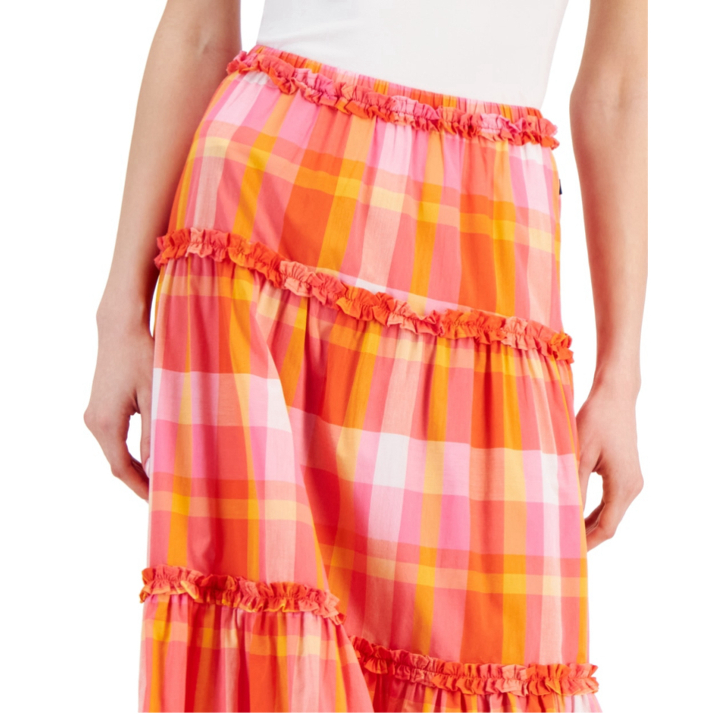 Nautica Jeans Women's Medium 100% Cotton Bright Plaid Ruffle-Trim Maxi Skirt NWT - Picture 3 of 6
